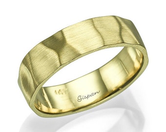 Hammered 14k Gold Mens Wedding Band: Unique Solid Gold Ring