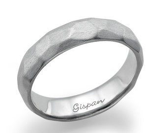 Hammered 14k White Gold Mens Wedding Band: Unique Promise Ring