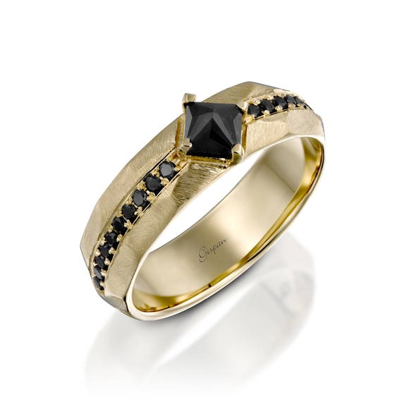 Mens 14K Yellow Gold Wedding Band: Black Diamond Princess Cut Ring