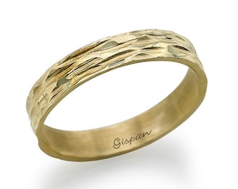 Textured 14k Yellow Gold Wedding Band Ring - Handmade