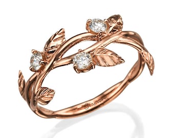 Leaves Rose Gold Engagement Ring, Unique Ring, 14k Gold Ring, Wedding Ring, Diamond Ring, Bridal Jewelry, Leaf Ring, Art Deco Ring