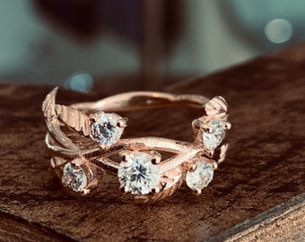 Rose Gold Engagement Ring Diamond Engagement Ring leaf Band Boho Ring Art Deco Promise Rings For Women