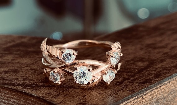 Rose Gold Engagement Ring Diamond Engagement Ring Leaf Band Boho Ring Art Deco Promise Rings for Women Etsy