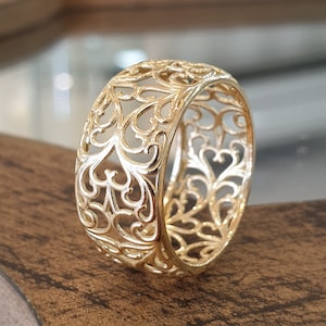 18K filigree wedding band Yellow Gold Unique Wedding Ring vintage style jewelry Anniversary Gift For Her