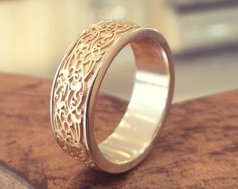 Celtic 14k Gold Wedding Band: Handmade Mens Ring