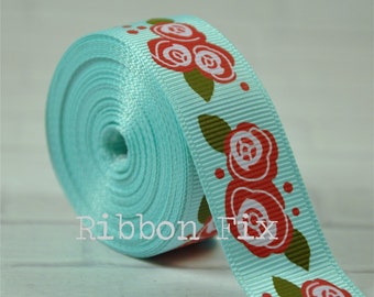 7/8" Aqua Blue Roses Print Grosgrain Cinta - Jardín Rosa - Rosa Floral - Flores - San Valentín - Boda - Baby Shower - Collar de perro Correa