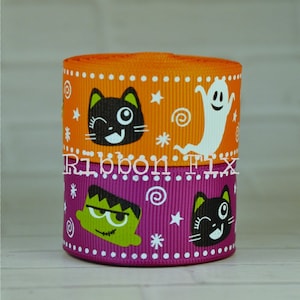 1&quot;  Tangerine Orange or Neon Purple Frankenstein Print Grosgrain Ribbon - Halloween Ghosts  - Trick or Treat - Spooky Black Cat - Pumpkin