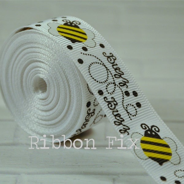 7/8" Buzzing Bees Grosgrain Ribbon - US Designer Print - Craft - Wedding - Baby Shower - Home Dec - Dog Collar/Leash