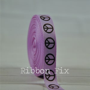 3/8&quot; Lt. Orchid & Black Peace Sign Print Grosgrain Ribbon - Reduce Reuse Recycle - Wedding Party - Baby Shower - Hippie Woodstock - Gift Bow