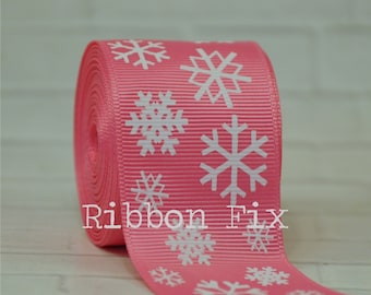 1.5" Hot Pink Christmas Snowflake Print Grosgrain Ribbon - Winter Snow Flakes - Holiday Party - Gift Wrap Bows - Dog Collar - Frozen Baby