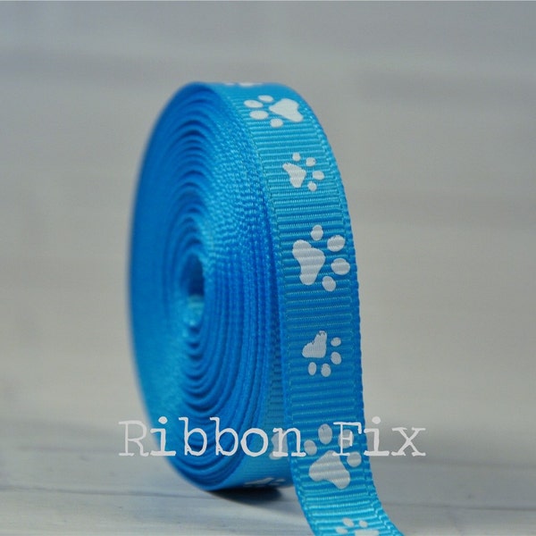 3/8" 5/8" 7/8" Island Blue & White Paw Print Grosgrain Ribbon - US Designer Paws - Dog Collar Leash Bow - Grooming Bows - Gift Wrap - Animal