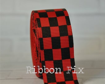 3/8", 7/8", or 1.5" Red & Black Checker Print Grosgrain Ribbon - US Designer - Checkered Flag Win - Racing Bows - Race Car Party - Spider