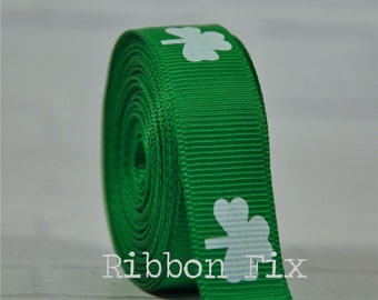 5/8" Emerald Green & White Shamrock Print Grosgrain Ribbon - St. Patrick's Day - Leprechaun - Clover - Irish Luck - Home Decor - Dog Collar