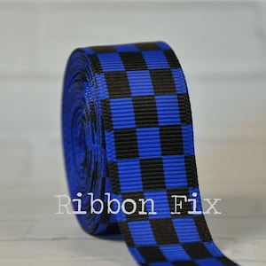 3/8&quot;, 7/8&quot;, or 1.5&quot; Neon Blue & Black Checker Print Grosgrain Ribbon - Police Officer Bows - Checkered Flag - Racing Bows - Race Car Party
