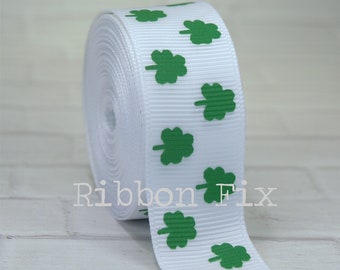 7/8" White & Emerald Green Shamrock Print Grosgrain Ribbon - US Designer - St. Patrick's Day - Lucky Clover - Irish Leprechaun - Dog Collar