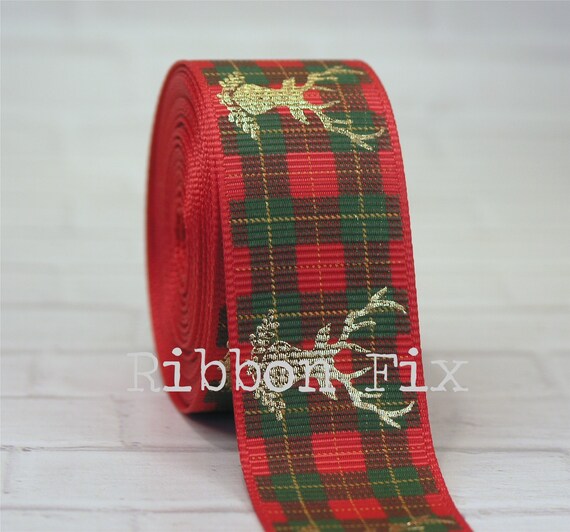 1 Gold Foil Deer Grosgrain Red Christmas Plaid Holiday Ribbon DIY
