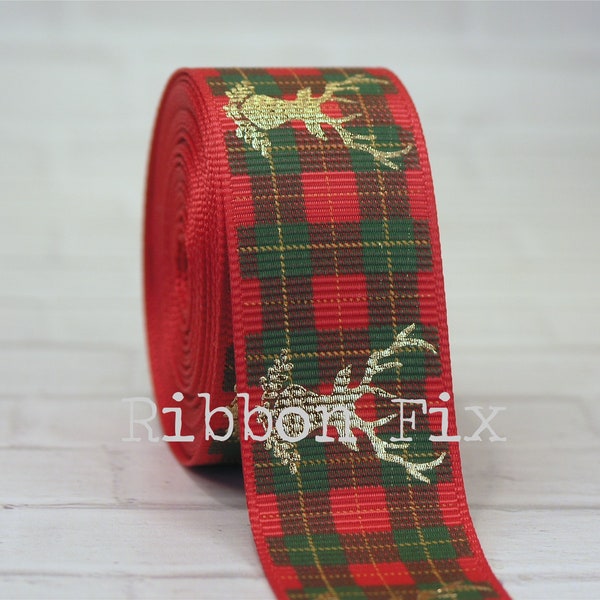 1" Christmas Red & Gold Foil Deer Head Antler Print Grosgrain Ribbon - Hunting - Antlers - Laurel Wreath Spray - Country Plaid - Buffalo Bow