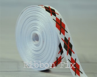 3/8" Red & Black Argyle Print Grosgrain Ribbon - Preppy - Wedding - US Designer - Ladybug - Korker Bows - Dog Collar Leash - Diamonds - Golf