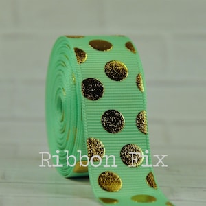 7/8&quot; Mint Green & Gold Foil Bling Dot Print Grosgrain Ribbon - US Designer - Wedding Gift Bow - Baby Shower - Gift Wrap Ribbons - Dots Bows