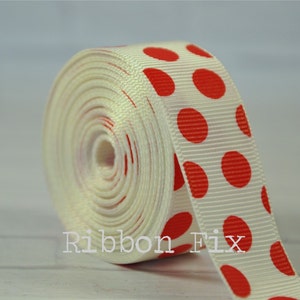7/8&quot; Antique White with Red Polka Dot Grosgrain Ribbon - Christmas Santa - Apple - Old Fashioned Holiday - Gift Wrap Bows - Dog Collar Leash