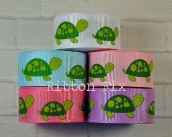 7/8" Big Turtles Print Grosgrain Ribbon - US Designer - White - Ocean Blue - Baby Pink - Hot Pink - Orchid Purple - Sea Tortoise Shell - Bow