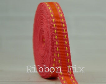 3/8" Shocking Pink & Autumn Orange with Yellow Stitching Grosgrain Ribbon - US Designer - Saddle Stitch - Dog Collar Bow - Summer Sunrise