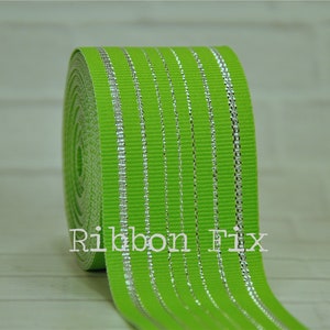 1.5&quot; Lime Green & Silver Metallic Stripe Grosgrain Ribbon - Woven Stripes - Gift Wrap - Baby Shower - Wedding Party - Easter Bows - Apples