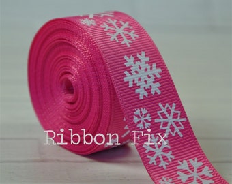 7/8" Christmas Wild Berry Snowflake Print Grosgrain Ribbon - Frozen - Winter Snow - Gift Wrap - Holiday Party - Home Dec - Dog Collar Leash