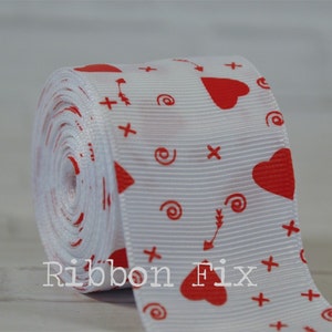 1.5&quot; White & Red Cupid Print Grosgrain Ribbon - Valentine&#39;s Day - US Designer - Swirls - Love - Gift Wrap Bow - Arrows - Dog Collar Leash