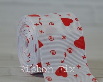 1.5" White & Red Cupid Print Grosgrain Ribbon - Valentine's Day - US Designer - Swirls - Love - Gift Wrap Bow - Arrows - Dog Collar Leash