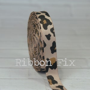 3/8&quot; Tan Leopard Spots Print Grosgrain Ribbon - Zoo - US Designer - Wedding Party - Baby Shower - Gift Wrap - Santa Cheetah - Zoo Animal Bow