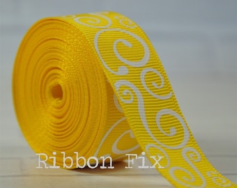 7/8" Yellow & White Swirl Print Grosgrain Ribbon - Sunshine - Bees - College Football - Halloween Moon - Sunny Beach - Gift Wrap - Bee Bows