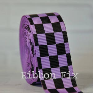 3/8&quot; or 7/8&quot; Orchid & Black Checker Print Grosgrain Ribbon - US Designer - Checkered Flag - Racing Bows - Race Car Party - Winner&#39;s Circle