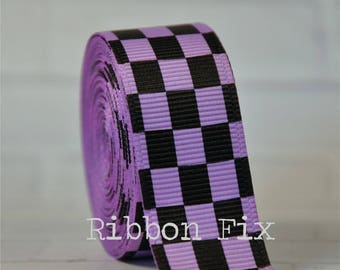 3/8" or 7/8" Orchid & Black Checker Print Grosgrain Ribbon - US Designer - Checkered Flag - Racing Bows - Race Car Party - Winner's Circle
