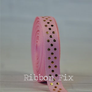 3/8&quot; Baby Pink & Gold Swiss Dot Print Grosgrain Ribbon - Baby  Shower - Bling Dots - Wedding Party  - Gift Wrap - Jewelry - Princess - Bow