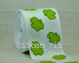 1.5" White & Lime Green Fluffy Shamrock Print Grosgrain Ribbon - St. Patrick's Day - Lucky Clover - Irish Luck - Leprechaun - Emerald Green