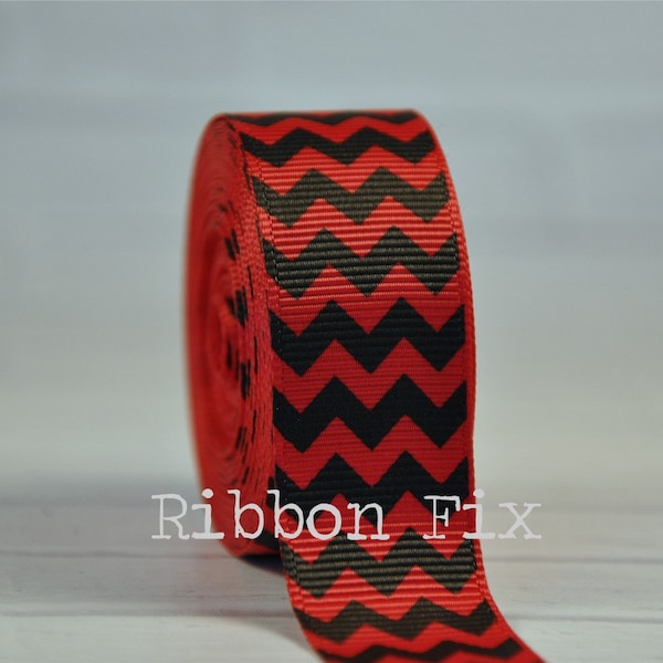 7/8" Red & Black Chevron Stripe Grosgrain Ribbon - US Designer - Ladybug - College Football - Zig Zag - Gift Wrap Bows - Dog Collar Leash