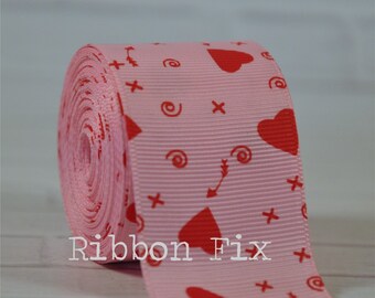 1.5" Baby Pink & Red Cupid Print Grosgrain Ribbon - Valentine's Day - US Designer - Swirls Love Bow - Arrows - Dog Collar - Heart Gift Wrap