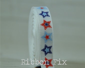3/8" Patchwork Star Print Grosgrain Ribbon - 4th of July - Red White Blue - USA Korkers - Baby Shower - Patriotic - Dog Collar Leash - Bows