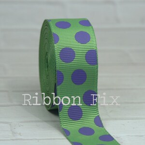 7/8&quot; Apple Green & Purple Polka Dot Grosgrain Ribbon - US Designer - Wedding Party - Gift Wrap - Baby Shower - Dot Bow - Dog Collar Leash