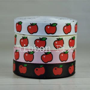 3/8&quot; Red Apple Print Grosgrain Ribbon - Fall Tree - Teacher Bow - Fruit Picking - Pie Bows - Dog Collar Leash - Back to School - Barrel Bow