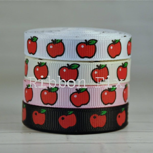 3/8" Red Apple Print Grosgrain Ribbon - Fall Tree - Teacher Bow - Fruit Picking - Pie Bows - Dog Collar Leash - Back to School - Barrel Bow