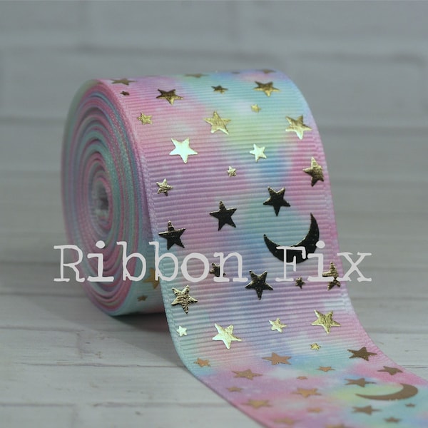 1.5" Pastel Galaxy with Gold Moon & Stars Print Grosgrain Ribbon - Celestial - Milky Way - Outer Space - Astronaut  - Party Gift Wrap