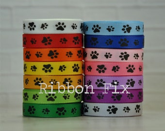3/8" Black Ink Paw Print Grosgrain Ribbon -  Red - Orange - Yellow - Green - Blue - Pink - Dog Collar Leash Bow - Grooming Bows - Cat Gift