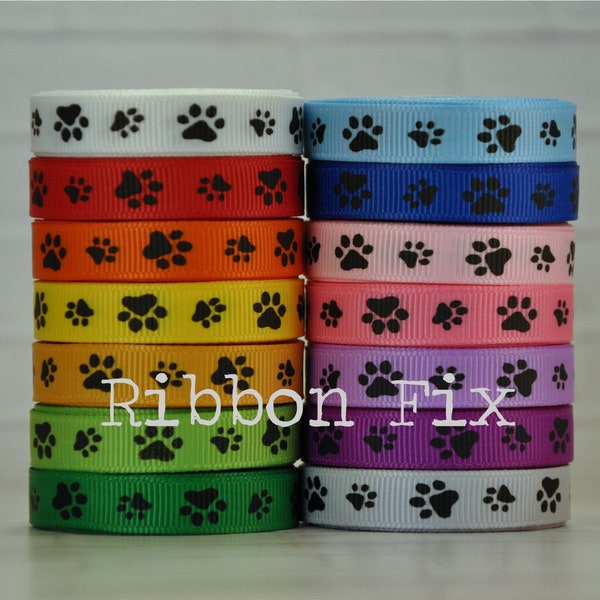 3/8" Black Ink Paw Print Grosgrain Ribbon -  Red - Orange - Yellow - Green - Blue - Pink - Dog Collar Leash Bow - Grooming Bows - Cat Gift