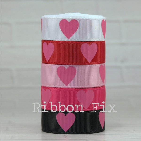 5/8" Hot Pink Ink Hearts Print Grosgrain Ribbon - Valentine's Day - White - Red - Baby Pink - Black - Love Bows - Gift Wrap - Dog Collar