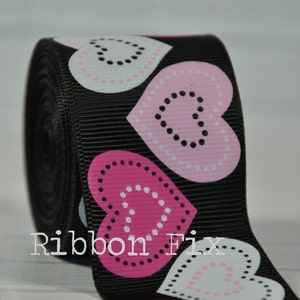 1.5&quot; Black Patchwork Heart Print Grosgrain Ribbon - Valentine&#39;s Day - Wedding Bows - Gift Wrap - Dog Collar Leash - Pink - White - Stitched