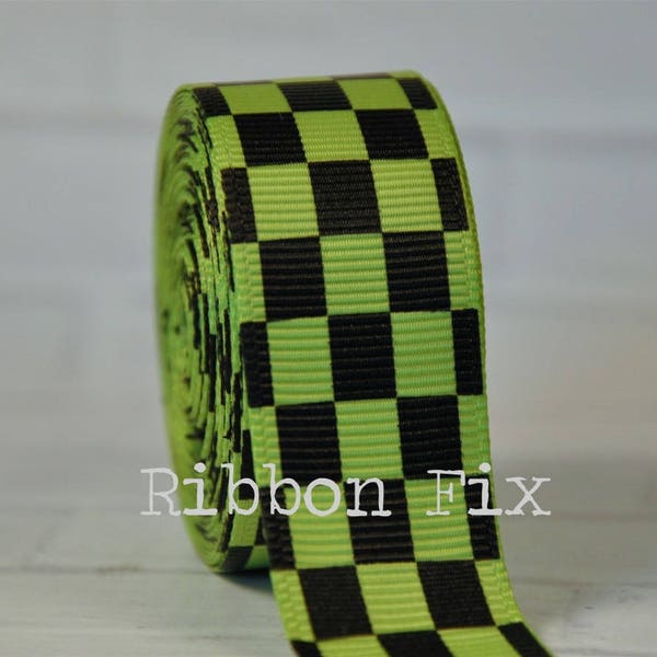 3/8", 7/8", or 1.5" Lime Green & Black Checker Print Grosgrain Ribbon - Checkered Flag - Racing Bow - Race Car Party - Halloween Witches