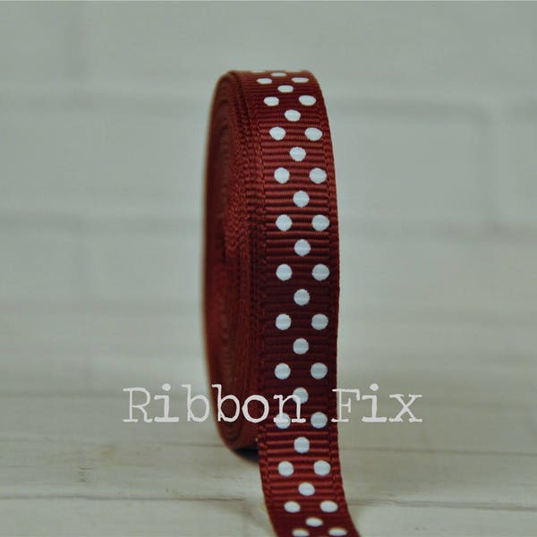 3/8" Burgundy with White Swiss Dot Print Grosgrain Ribbon - Maroon Dots - Football Bows - Cheer Team - College Sports - Thanksgiving - Leaf