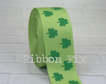 7/8" Lime & Emerald Green Shamrock Print Grosgrain Ribbon - US Designer - St. Patrick's Day - Lucky Clover - Irish Leprechaun - Dog Collar